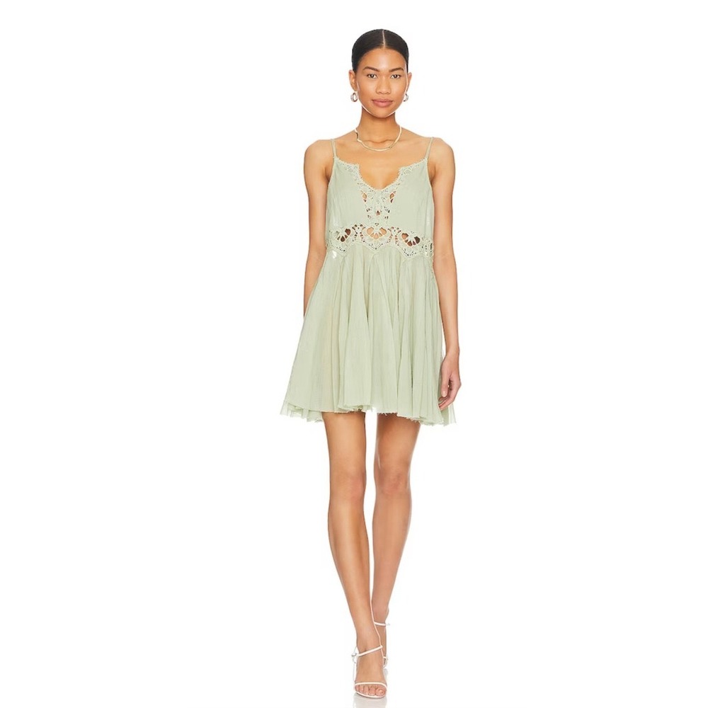 Free People Sage Green Crochet Lace Mini Dress OB66170 Boho Babydoll Small
